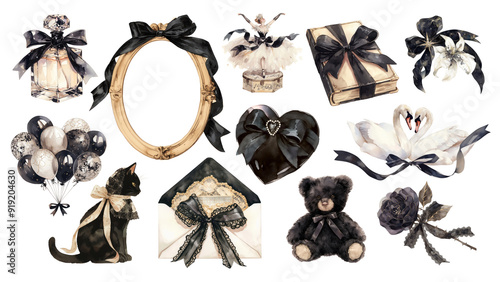 Fototapeta Naklejka Na Ścianę i Meble -  PNG watercolor black coquette design element set, transparent background