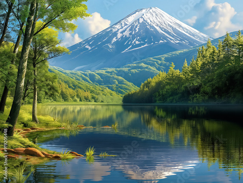 A beautiful mountain range with a lake in the foreground. The lake is calm and peaceful, reflecting the mountains in the distance. Concept of tranquility and serenity