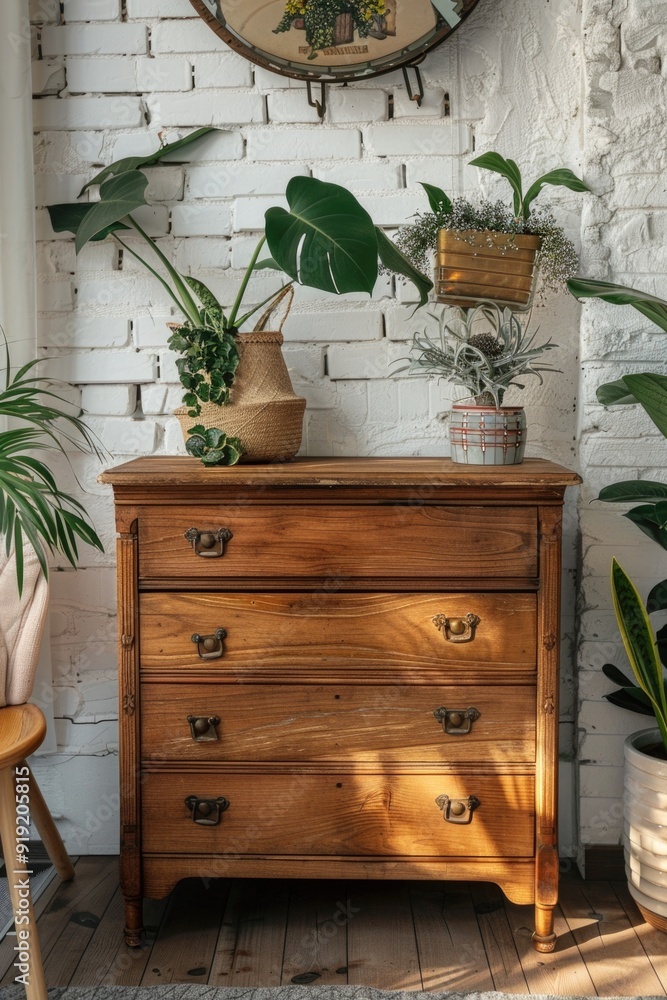 Fototapeta premium A wooden chest of drawers with plants and flowers on top
