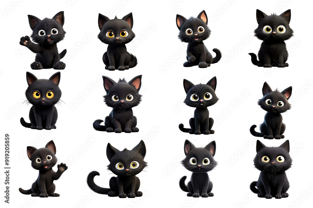 PNG 3D black cat design element set, transparent background PNG 3D black cat design element set, transparent background