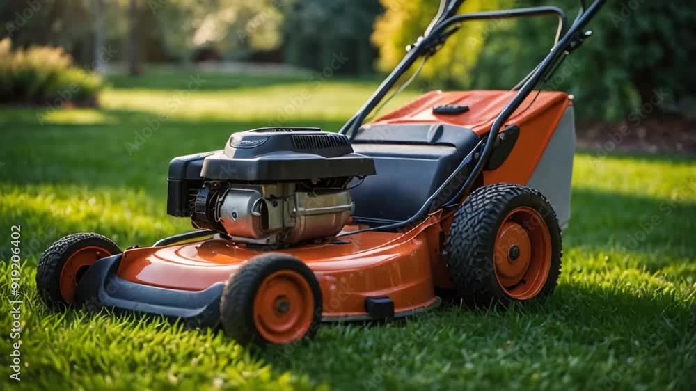 lawn mower on green grass in summer lawn mower on green grass in summer