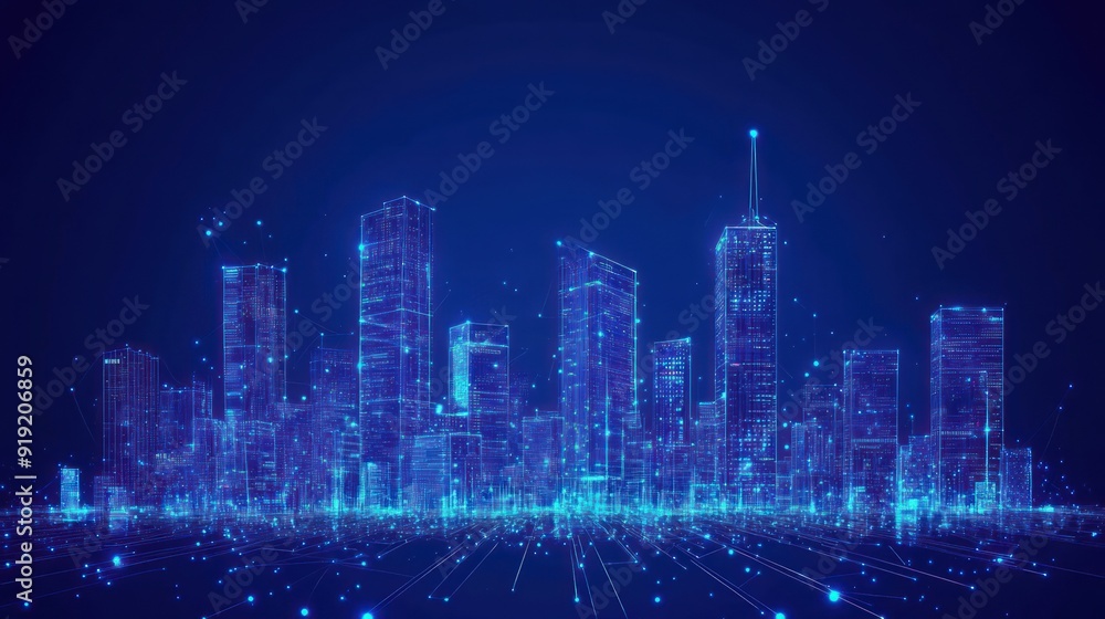 Building skycraper automation with computer board illustration. Isolated on a dark blue background. Plexus points and lines Building skycraper automation with computer board illustration. Isolated on a dark blue background. Plexus points and lines