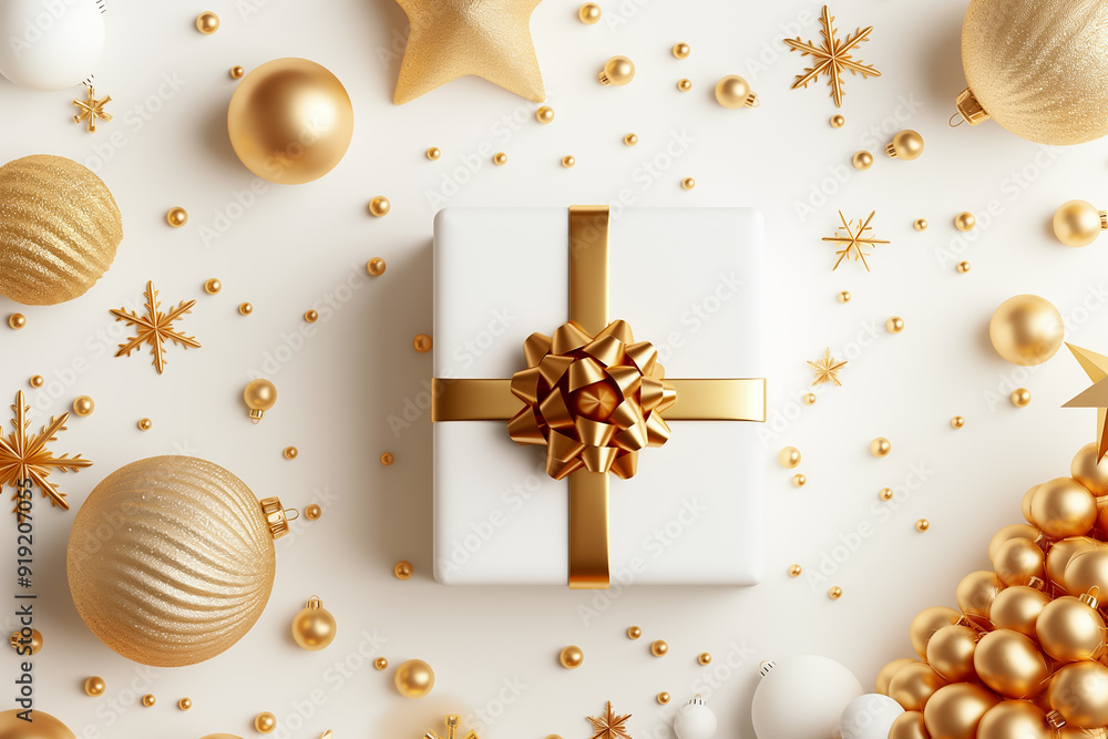 Beautiful and Elegant Golden Christmas Decor featuring a stunning Gift Box adorned with exquisite Ornaments shimmering all around Beautiful and Elegant Golden Christmas Decor featuring a stunning Gift Box adorned with exquisite Ornaments shimmering all around