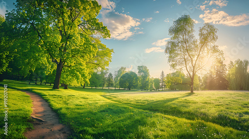 Beautiful, vibrant, springtime scene in the park with trees, lush, green grass, and sunlight contrasting with a cloudy, blue sky. expansive format