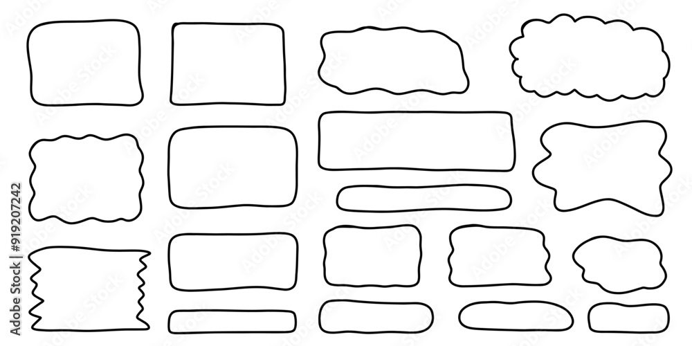 Hand drawn Rectangle frame set. Doodle wavy curve deformed textured frames. Border sketch. Vector illustration isolated on a white background. Hand drawn Rectangle frame set. Doodle wavy curve deformed textured frames. Border sketch. Vector illustration isolated on a white background.