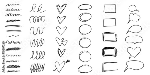 Highlight oval frames, heart, rectangle, speech bubble, hand drawn underlines lines. Hand drawn scribble doodle circle set. Ellipses line template. Vector illustration isolated on white background.
