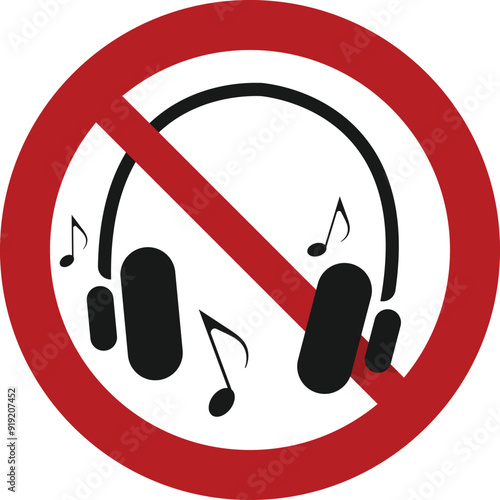 Headphones forbidden sign with musical symbols. No headphones allowed simple prohibition sign. Vector illustration, EPS10