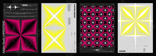 Abstract poster design set. Vertical format wall art, interior mockup. Magenta and yellow composition. Geometric neon illustration with space and y2k style elements.