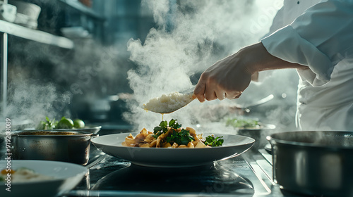 Close-Up of a Chef's Hand Preparing a Dish in a Busy Restaurant