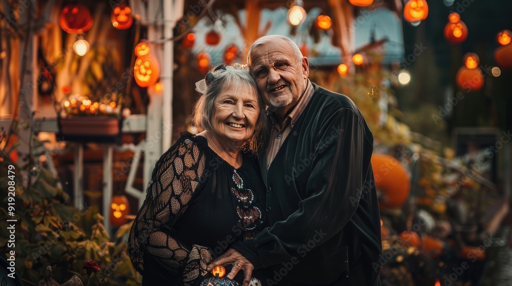 Happy old couple standing in front of Halloween decoration wall Happy old couple standing in front of Halloween decoration wall