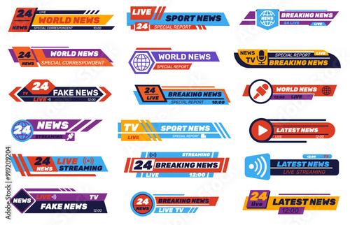 TV banners. Breaking news broadcasting interface. Video channel headline bars design. Text header elements. Simple sport frame signs. Mass media templates. Lower displays vector set