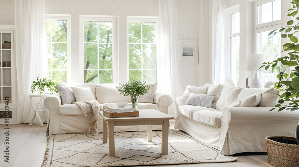 Obraz premium Beautiful, light-filled living room with calming white and beige decor