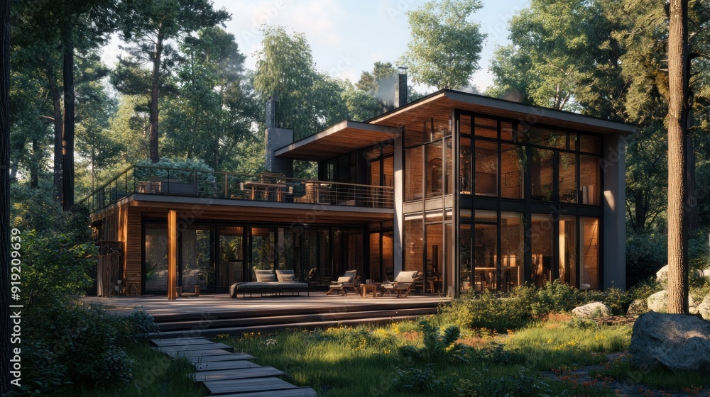 A modern two-story glass house with a spacious deck, surrounded by lush green trees, set in a serene forest clearing. A modern two-story glass house with a spacious deck, surrounded by lush green trees, set in a serene forest clearing.
