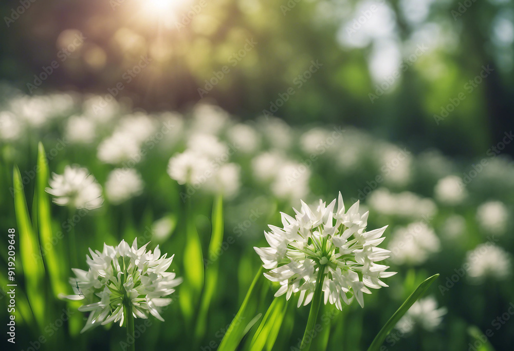 Wild garlic flower with blurred bokeh and sun spikes background Wild garlic flower with blurred bokeh and sun spikes background