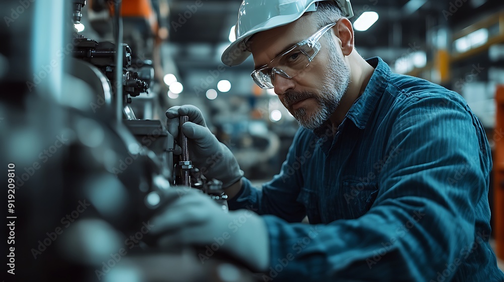 Industrial Worker Adjusting Machinery in a Factory Industrial Worker Adjusting Machinery in a Factory