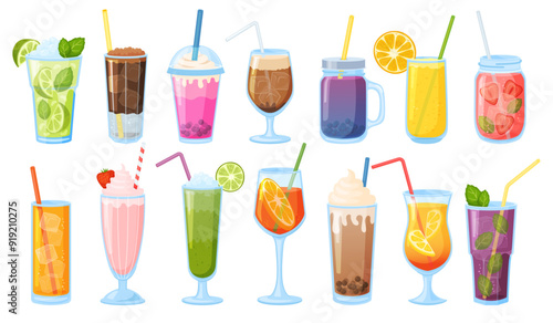 Summer tasty drinks. Non alcoholic refreshing beverages. Cold lemonades. Fresh juices. Smoothies or milkshakes with ice cubes. Mint mojito. Soda glasses with straws. Recent vector set