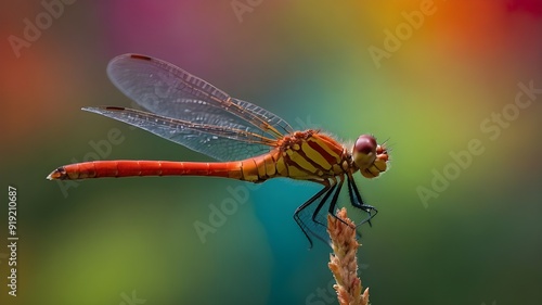 Close-up of a Bright Red Dragonfly in Flight Against a Vibrant Background of Color