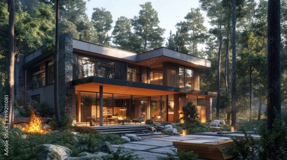 Modern two-story house with large glass windows, nestled in a forest, featuring a warm interior glow, expansive deck, and an outdoor fire pit. Modern two-story house with large glass windows, nestled in a forest, featuring a warm interior glow, expansive deck, and an outdoor fire pit.