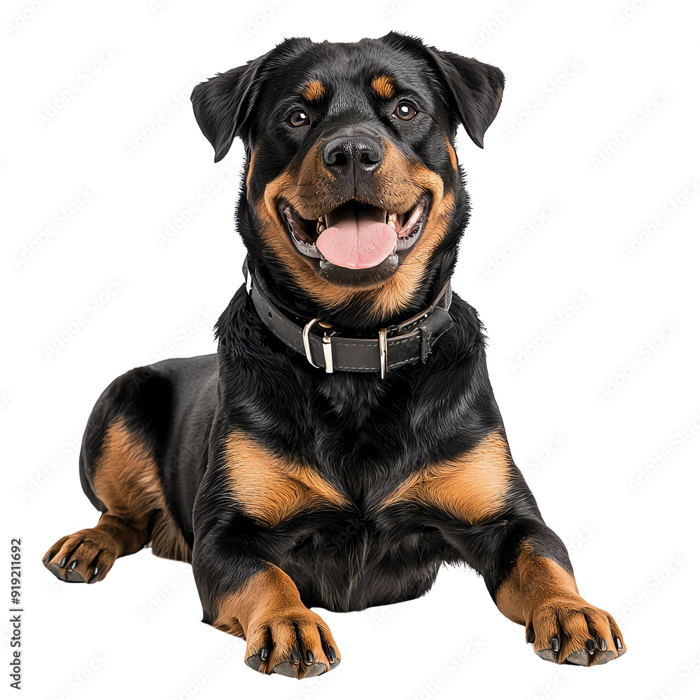 A happy and friendly Rottweiler dog lying down, showcasing its shiny black and tan fur and joyful expression. A happy and friendly Rottweiler dog lying down, showcasing its shiny black and tan fur and joyful expression.