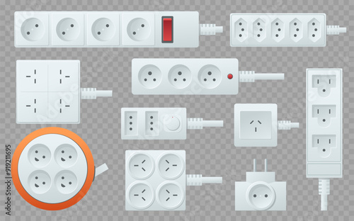 Power strips. Plastic sockets and adapters different types. Devices for connecting to electric circuit. Extension cords and tees. USB port shapes. Electricity 3D plug connectors vector set