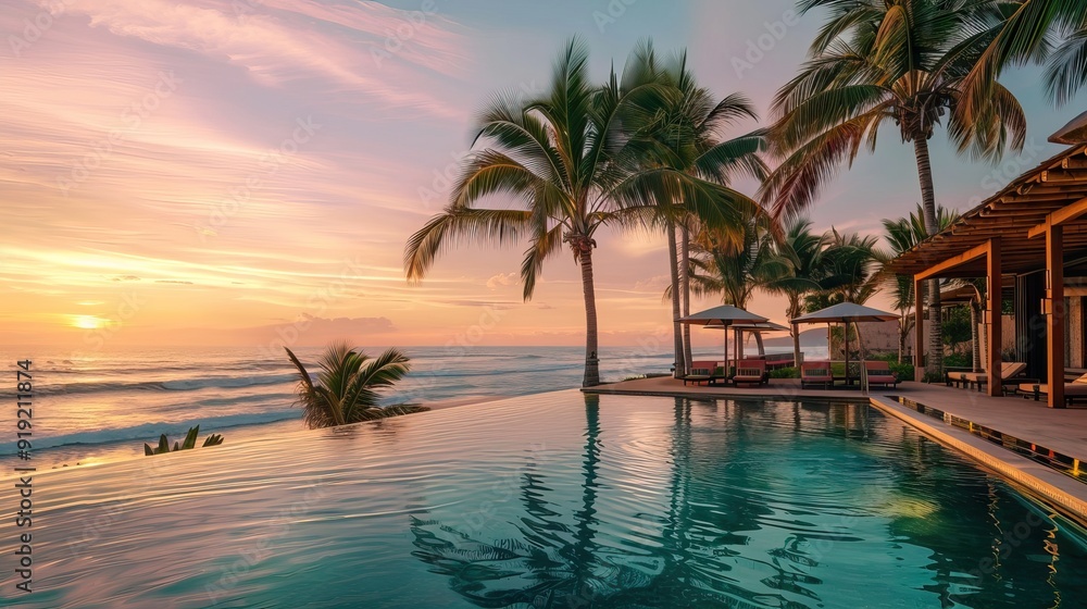 Fantastic poolside, sunset sky, palm trees reflection. Luxury tropical beach landscape, infinity swimming pool, deck chairs and loungers under umbrellas amazing scenic. AI generated illustration Fantastic poolside, sunset sky, palm trees reflection. Luxury tropical beach landscape, infinity swimming pool, deck chairs and loungers under umbrellas amazing scenic. AI generated illustration