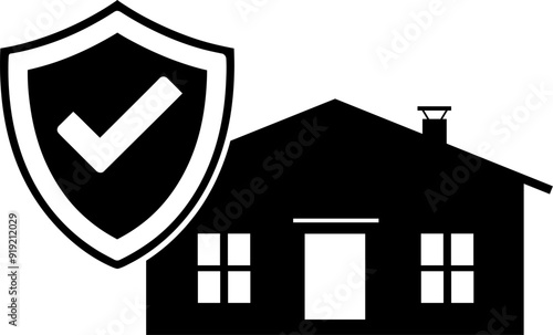 Vektor Silhouette Haus mit Symbol - Schild mit Haken - Schutz - Versicherung und Abnahme - Bau
