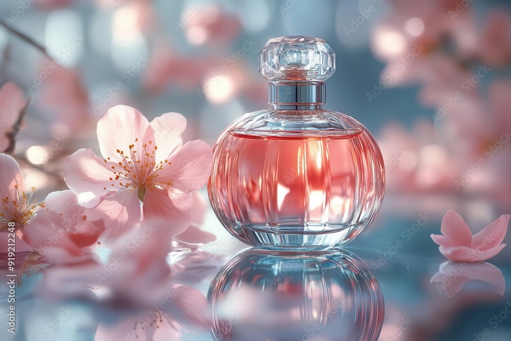 elegant perfume bottle on a mirrored surface soft pastel background with delicate flower petals floating subtle light refraction creating a dreamy atmosphere elegant perfume bottle on a mirrored surface soft pastel background with delicate flower petals floating subtle light refraction creating a dreamy atmosphere