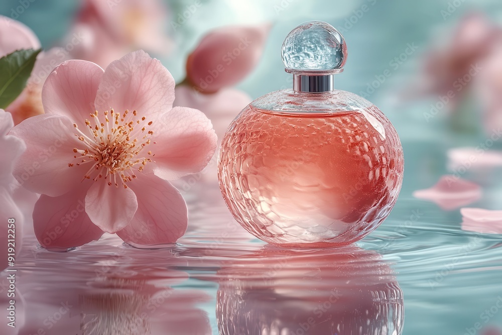 elegant perfume bottle on a mirrored surface soft pastel background with delicate flower petals floating subtle light refraction creating a dreamy atmosphere elegant perfume bottle on a mirrored surface soft pastel background with delicate flower petals floating subtle light refraction creating a dreamy atmosphere