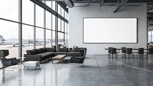 Blank white led light box in airport lounge mockup, 3d rendering. Empty display or banner for departure information mock up. 3D Illustration. AI generated illustration