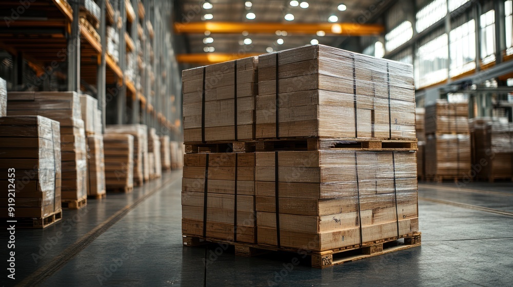 Warehouse Interior with Pallets of Cardboard Boxes Warehouse Interior with Pallets of Cardboard Boxes