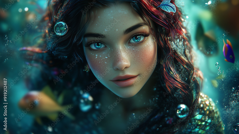 Enigmatic Mermaid Portrait In A Vibrant Underwater World With Glowing Bubbles And Marine Creatures Immersed In Fantasy Enigmatic Mermaid Portrait In A Vibrant Underwater World With Glowing Bubbles And Marine Creatures Immersed In Fantasy