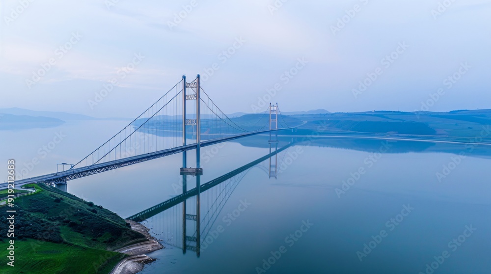 Fototapeta premium Suspension Bridge Over Calm Waters at Dawn