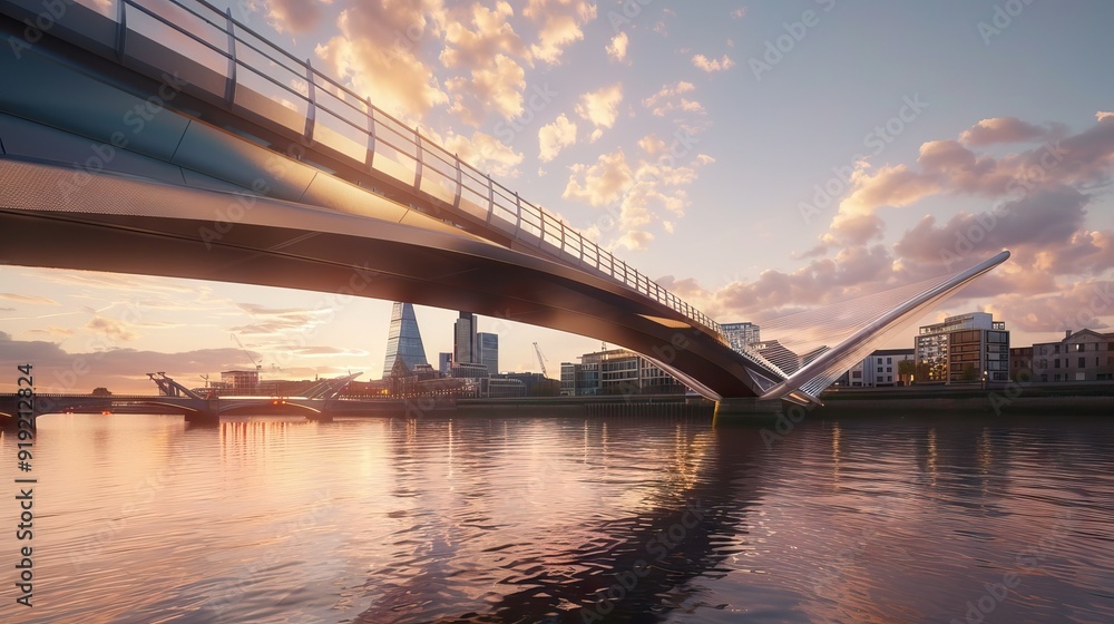 Panoramic view of futuristic geometric shapes design empty floor with city skyline . Sunset scene. AI generated illustration Panoramic view of futuristic geometric shapes design empty floor with city skyline . Sunset scene. AI generated illustration