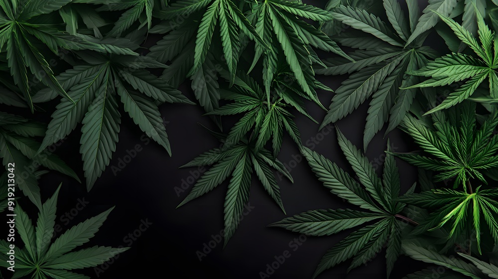 Marijuana leaves on a black background, close up top view on cannabis leaves and branches on black background for alternative medical and marketing design concept Marijuana leaves on a black background, close up top view on cannabis leaves and branches on black background for alternative medical and marketing design concept
