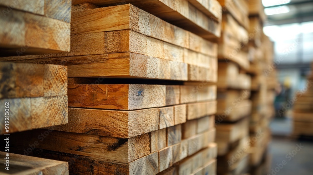 Stacked Lumber in a Warehouse Stacked Lumber in a Warehouse