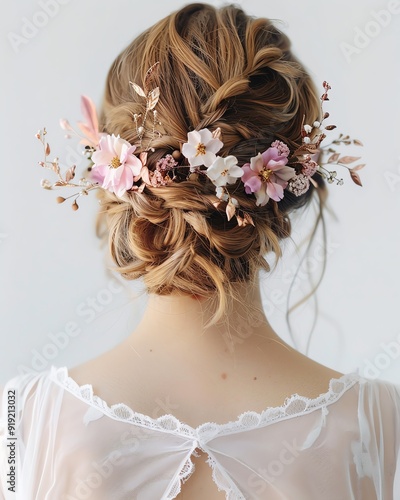 Watercolor wedding hair accessories, floral headpieces, soft romantic hues, hand-painted design photo