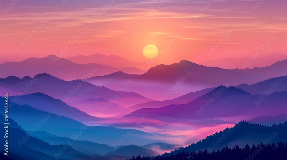A vibrant sunrise over a misty mountain range. A vibrant sunrise over a misty mountain range.