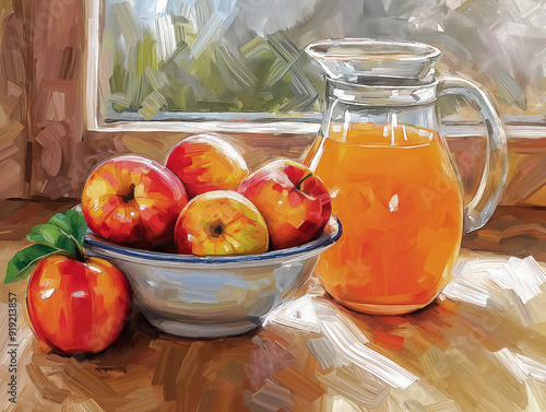 A bowl of apples and a pitcher of orange juice sit on a table. The apples are red and green, and the pitcher is clear. The scene is simple and inviting, with the apples