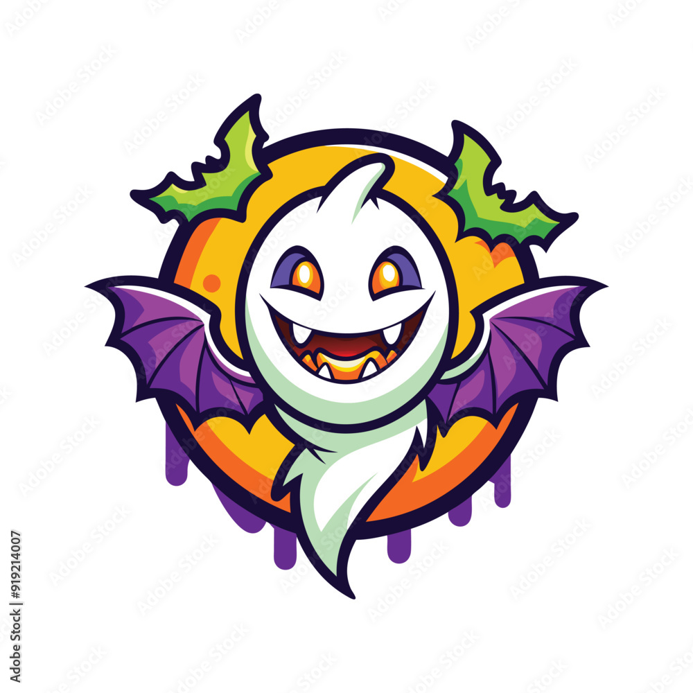 Fototapeta premium funny Halloween cute smile ghost, with pumpkin, with coffee, fly bats, in graffiti style, bright colors, on white background