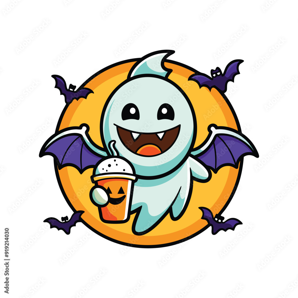 Naklejka premium funny Halloween cute smile ghost, with pumpkin, with coffee, fly bats, in graffiti style, bright colors, on white background