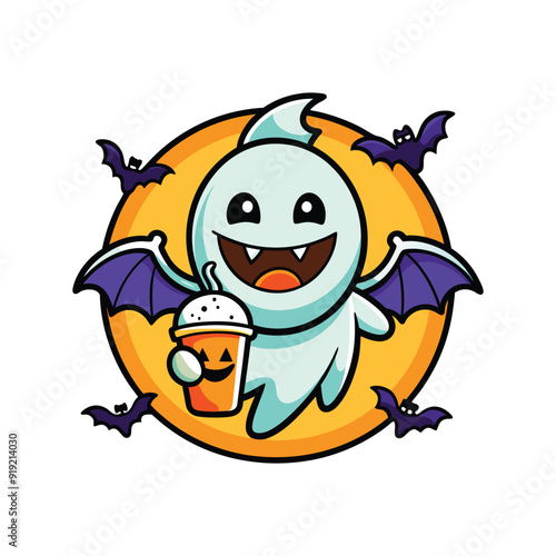 funny Halloween cute smile ghost, with pumpkin, with coffee, fly bats, in graffiti style, bright colors, on white background