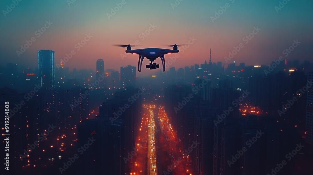 Drone Flying over Cityscape at Dusk Drone Flying over Cityscape at Dusk