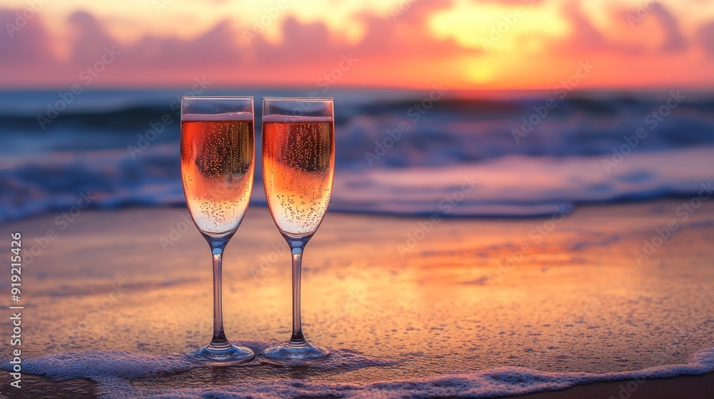Drinking glass with beach background at sunset, Romantic, peaceful and serene sunset atmosphere Drinking glass with beach background at sunset, Romantic, peaceful and serene sunset atmosphere