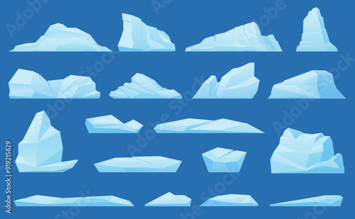Floating glaciers. Ice floes blocks. Icebergs and frozen chunks. Antarctic rocks. Slippery surfaces. Polar cold shapes. Arctic landscape. Crystal water. Winter northern elements vector set