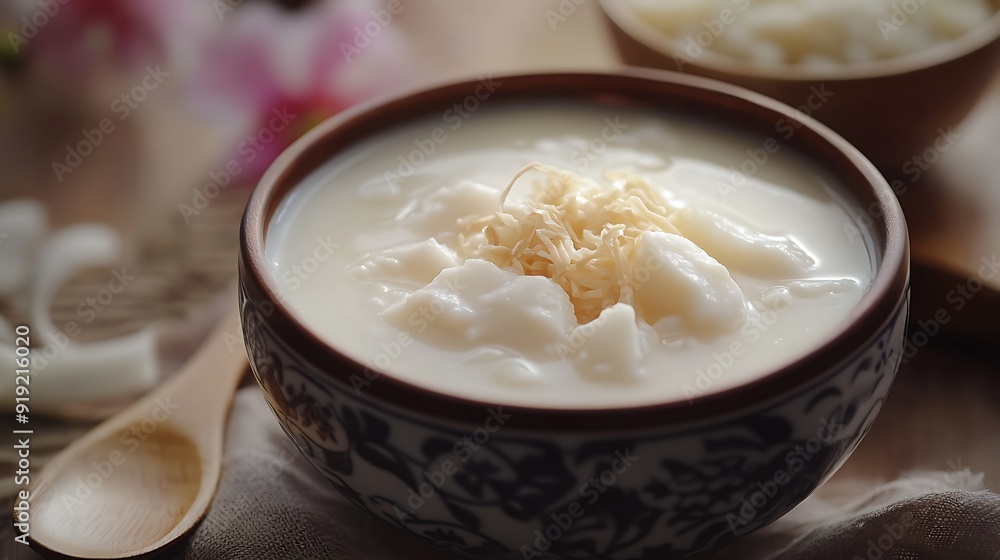 Bowl of Creamy Coconut Pudding with Shredded Coconut Bowl of Creamy Coconut Pudding with Shredded Coconut
