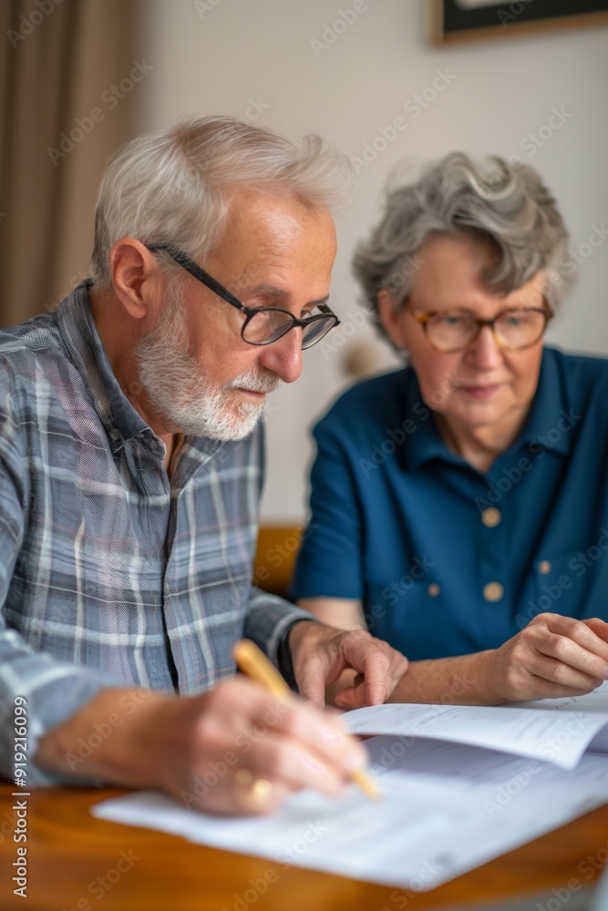 A man and a woman are sitting at a table looking at a piece of paper. Scene is serious and focused A man and a woman are sitting at a table looking at a piece of paper. Scene is serious and focused