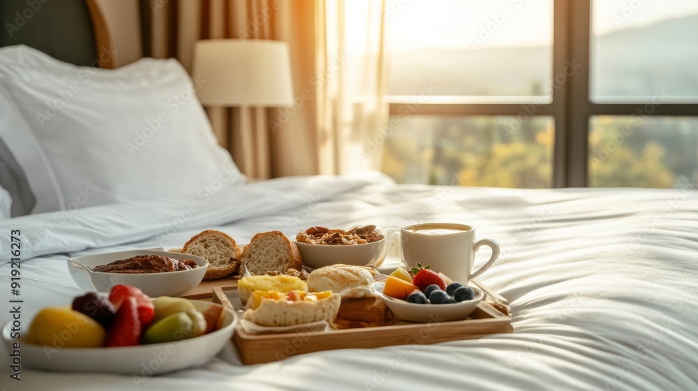 Elegant breakfast setup on a hotel bed with a beautiful morning view Elegant breakfast setup on a hotel bed with a beautiful morning view