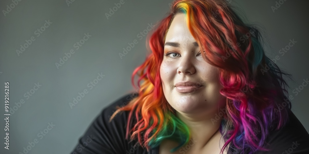 A woman with rainbow colored hair is smiling. She is wearing a black shirt and is sitting on a chair A woman with rainbow colored hair is smiling. She is wearing a black shirt and is sitting on a chair