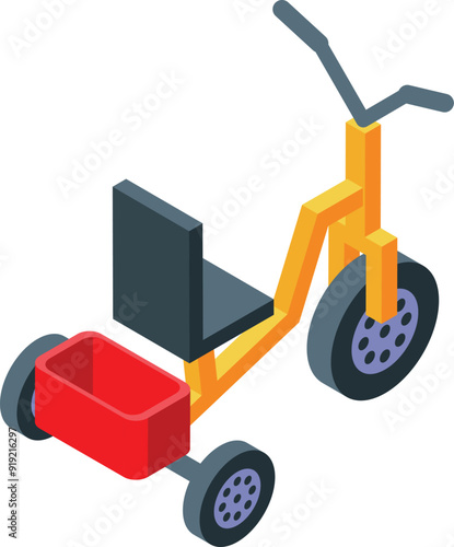 Kids tricycle with front basket standing on white background isometric view