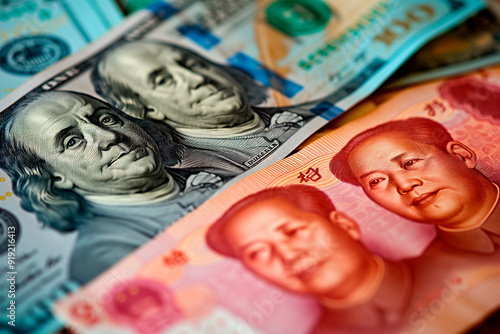 Chinese and U.S. banknotes , the concept of U.S.-China confrontation in the world  photo